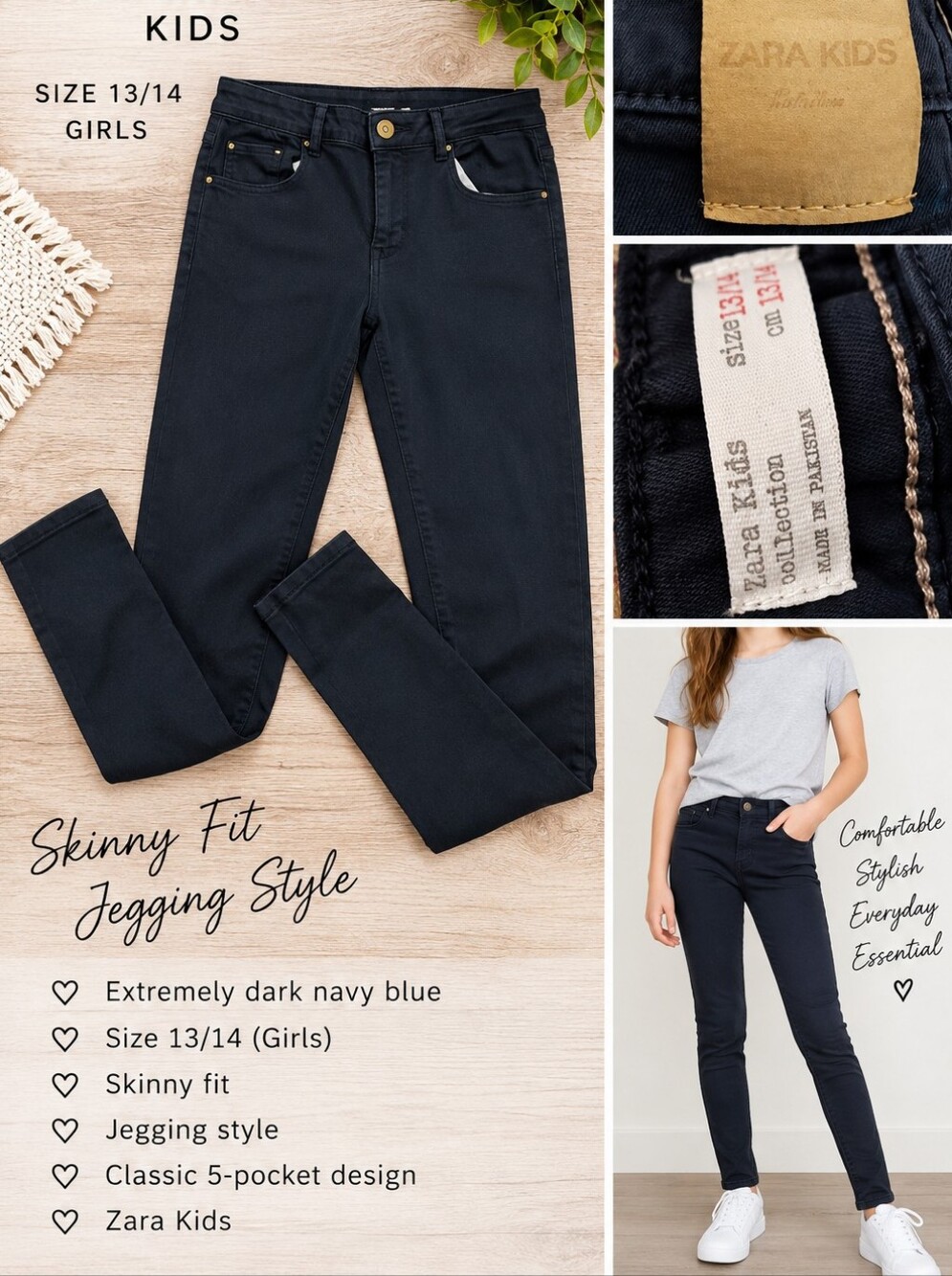 size 13/14  Zara kids navy blue skinny pants